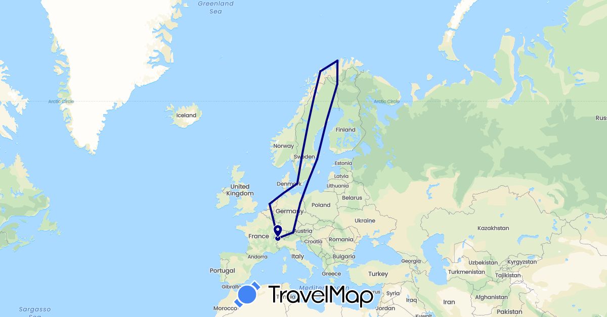 TravelMap itinerary: driving in Austria, Switzerland, Germany, Denmark, Finland, Netherlands, Norway, Sweden (Europe)